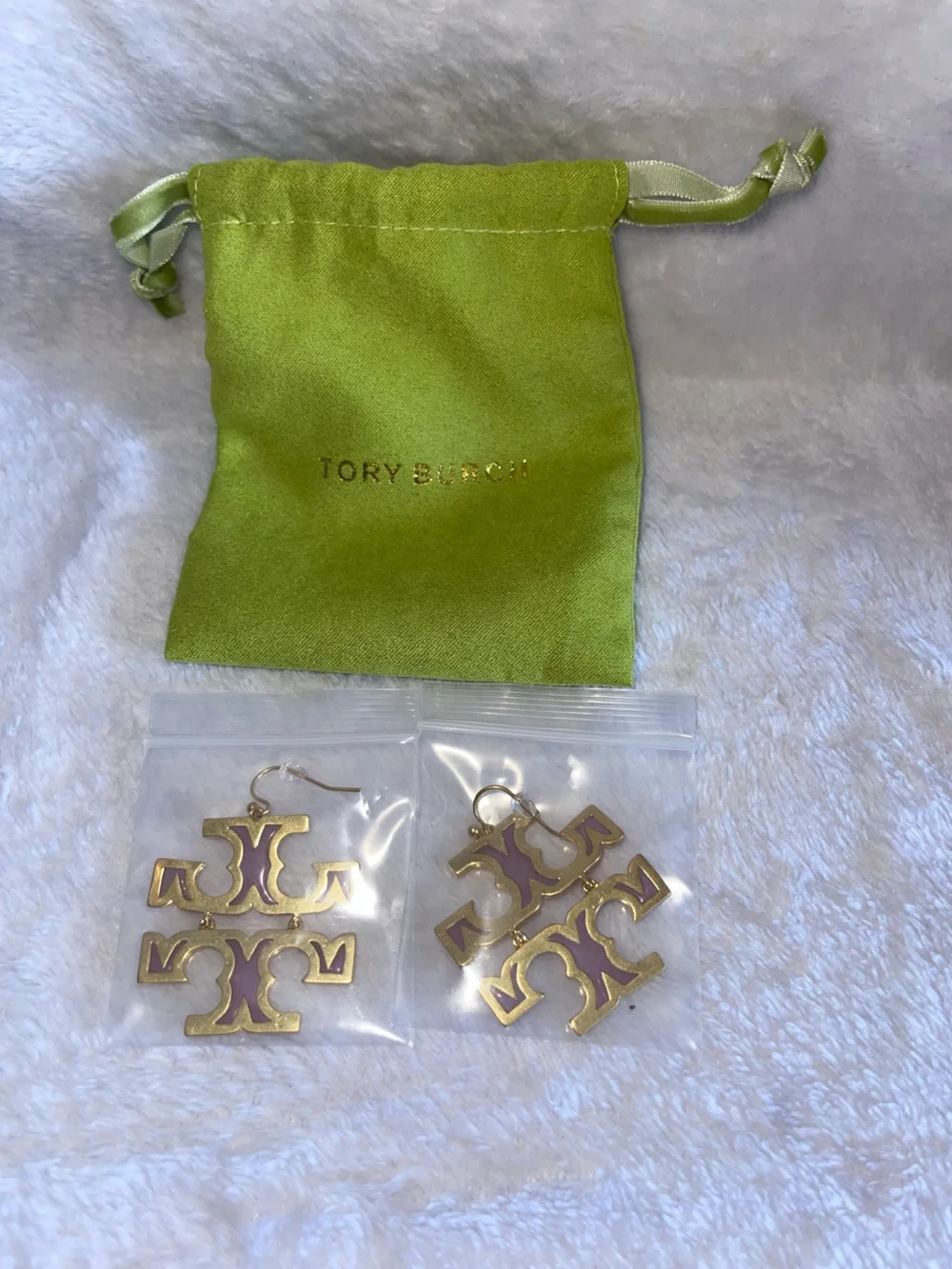 Tory Burch Gold Logo Drop Earrings with Pink Enamel